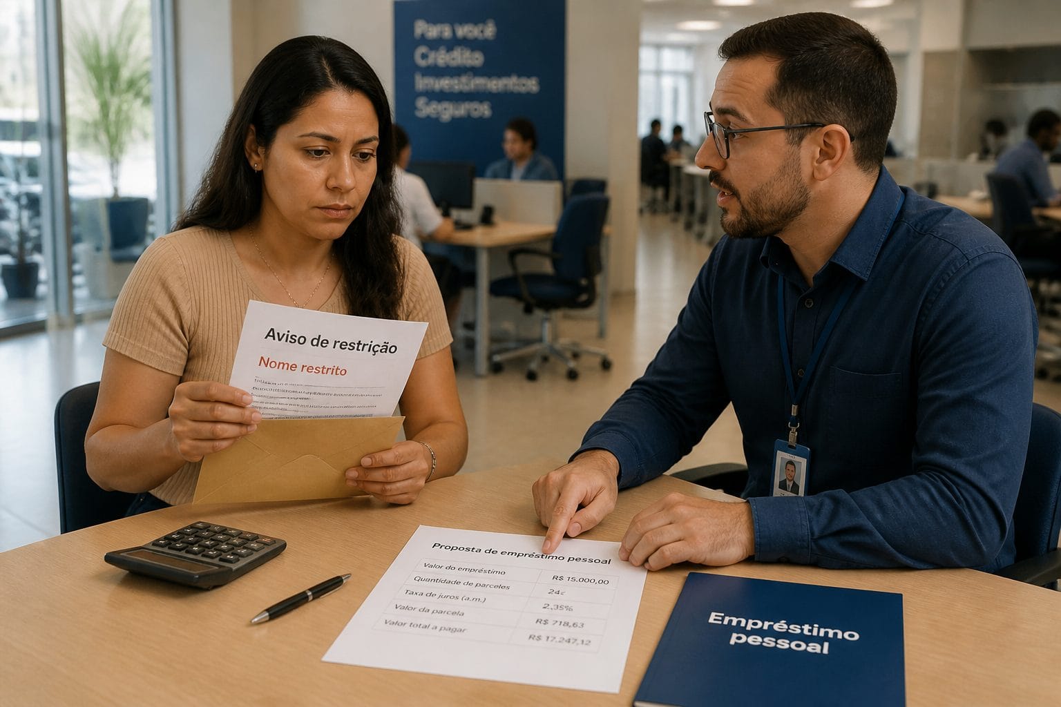 Empréstimo pessoal para nome restrito A Brazilian woman with a restricted name notice discusses a personal loan with a bank advisor at a desk.